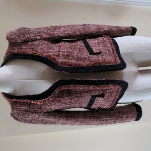 McGinn cropped jacket blazer ladylike tweed fringe black ribbon pockets 8